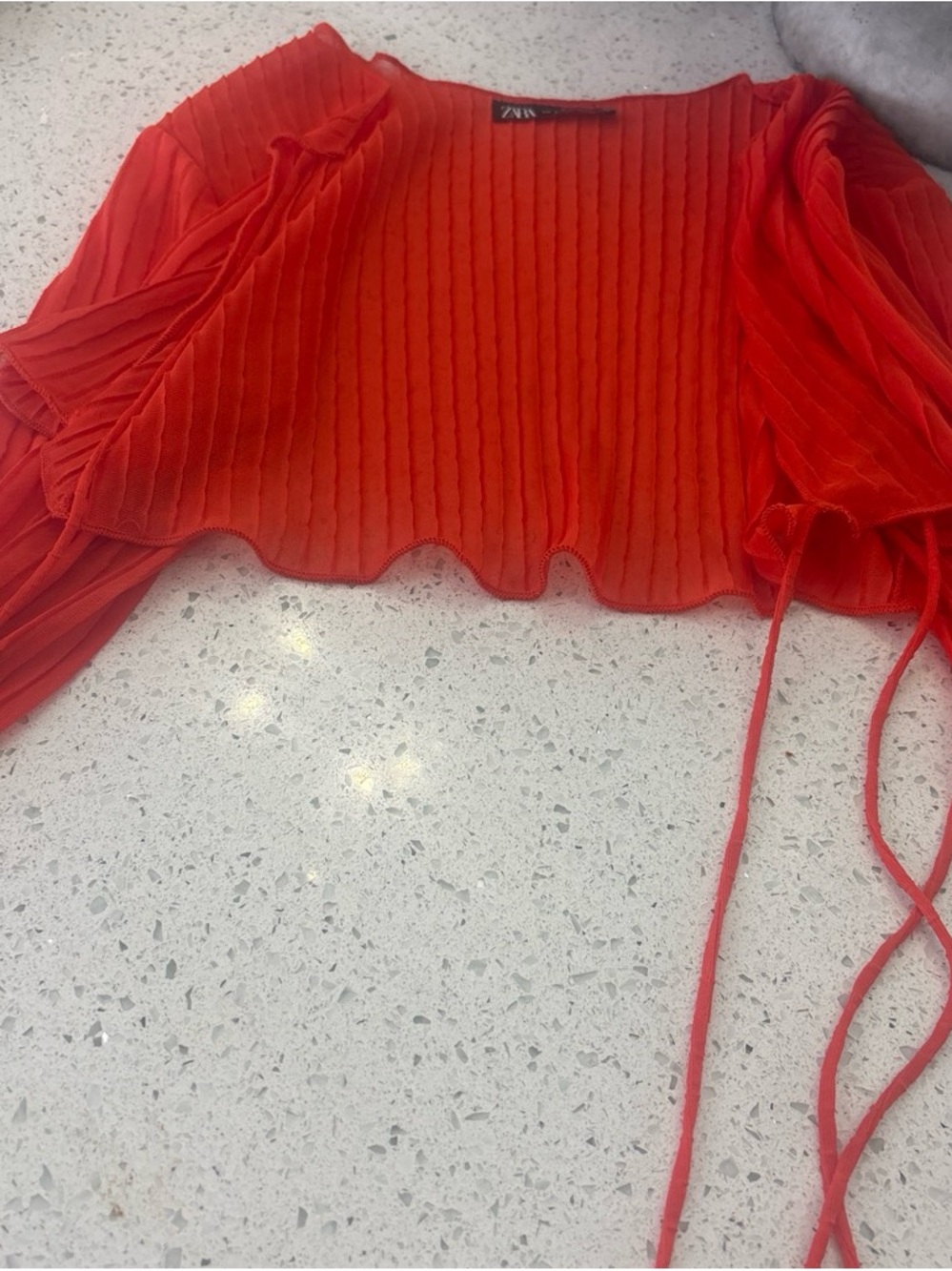 ZARA Bright Red Ribbed Cropped Tie-Front Top